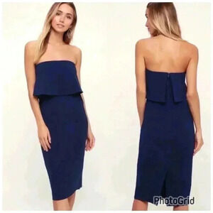 LULU’S Lots of Love Navy Blue Strapless Midi Dress